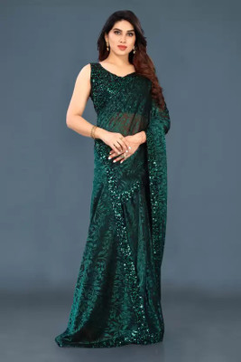 KISHVA Printed Bollywood Lycra Blend Saree(Dark Green)