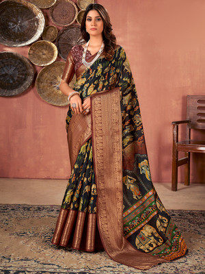 Divastri Printed Madurai Cotton Blend Saree(Black)