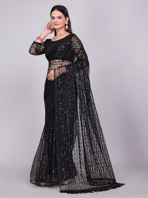 FAMOUS ZONE Embroidered Bollywood Net Saree(Black)