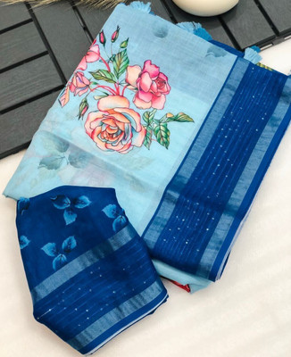 immolate Digital Print, Printed, Floral Print Bollywood Linen Saree(Blue)