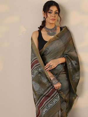 LIBAS Printed Daily Wear Cotton Blend Saree(Green)