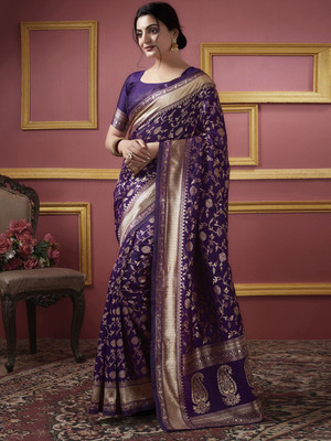Houri Fab Woven, Embellished Banarasi Pure Silk, Jacquard Saree(Blue)