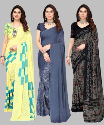 ANIRAV Printed Daily Wear Georgette Saree(Pack of 3, White, Black, Yellow)