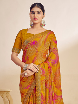 Sareemall Printed Bollywood Chiffon Saree(Mustard)
