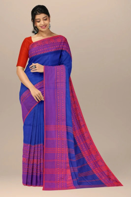 SABITA CUSTOMERY Embellished Handloom Cotton Blend Saree(Blue, Red)