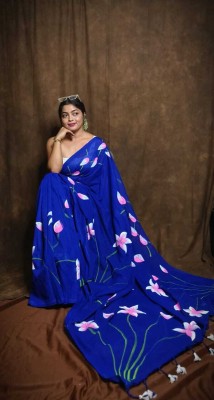 Anjalisaree Hand Painted Handloom Cotton Blend Saree(Dark Blue)