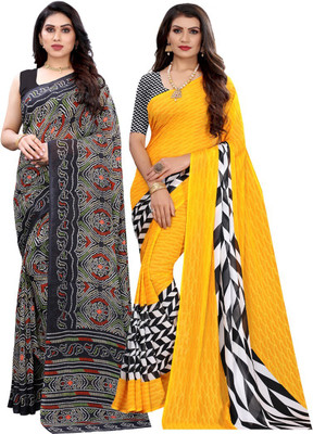 ANIRAV Printed Bandhani Georgette Saree(Pack of 2, Black, Yellow)