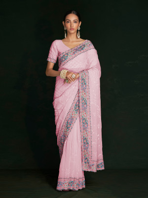 odette Embroidered Saree with Attached Blouse Georgette Saree(Pink)