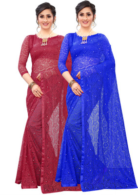 Croza Self Design Bollywood Net Saree(Pack of 2, Multicolor)