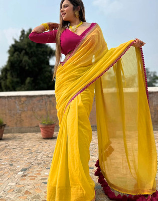 Divastri Solid/Plain Bollywood Georgette, Lace Saree(Yellow)