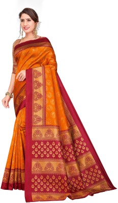 VCREATION Woven Kanjivaram Art Silk Saree(Orange)