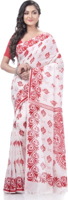 Desh Bidesh Blocked Printed Handloom Handloom Pure Cotton Saree(White)