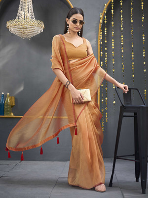 Tikhi Imli Solid/Plain Saree with Attached Blouse Tissue Saree(Brown)
