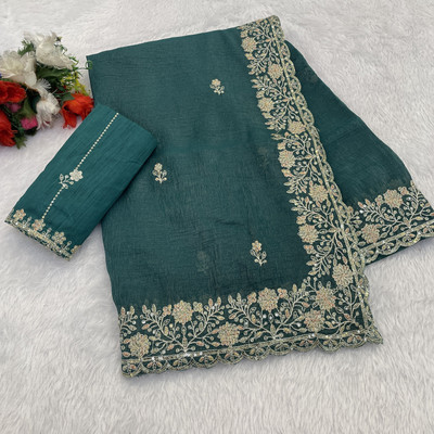 Ethina Fashion Embroidered Bollywood Chiffon Saree(Light Blue)