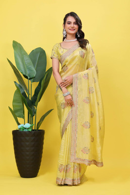 GREENA CREATION Embroidered, Woven, Self Design, Embellished Bollywood Satin Saree(Yellow)