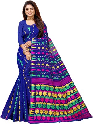 linza Woven Jamdani Cotton Linen, Cotton Silk Saree(Blue)