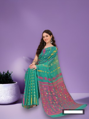 Areca Designer Woven Jamdani Cotton Silk, Cotton Blend Saree(Light Green)