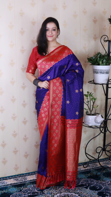 all about you Woven Banarasi Silk Blend Saree(Dark Blue)