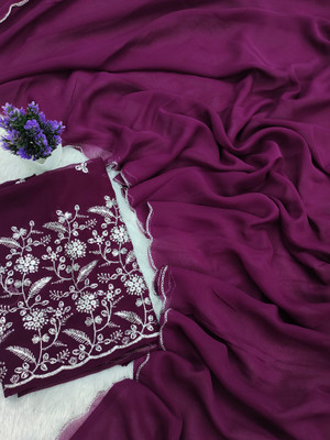 STITCH N SOLUS Solid/Plain, Embroidered, Self Design Daily Wear Georgette, Chiffon Saree(Purple)