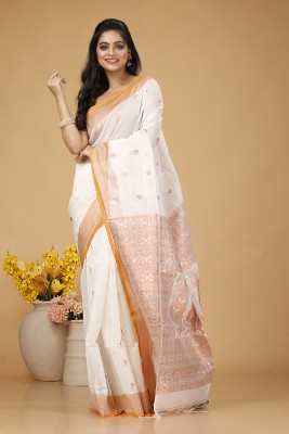 Bong ButiQ Woven Handloom Cotton Silk Saree(White)