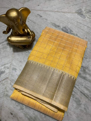 Zafreen Handloom Checkered, Woven Bhagalpuri Cotton Silk Saree(White)