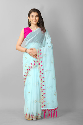 DEVS CREATION Embroidered Bollywood Supernet Saree(Light Blue)
