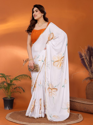 Divastri Embellished, Digital Print Daily Wear Chiffon, Silk Blend Saree(Orange, White)
