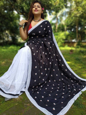 Ahana pal Self Design Bollywood Cotton Silk Saree(White, Black)