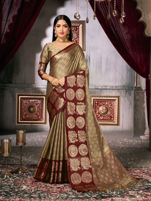 Madhav Creation Woven Banarasi Art Silk Saree(Beige)