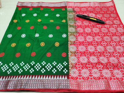 ajmera fashion Temple Border Banarasi Satin Saree(Green)