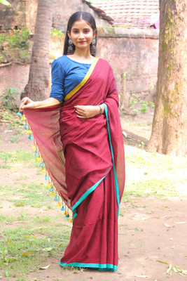 SG's Collection Woven, Solid/Plain Handloom Pure Cotton Saree(Maroon)