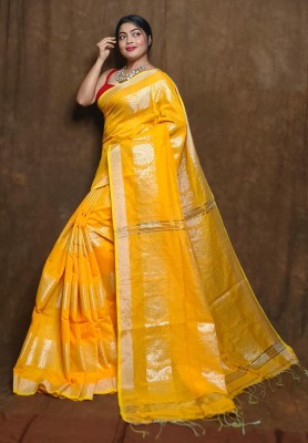 PSA TRENDS Hand Painted Handloom Cotton Silk Saree(Yellow)