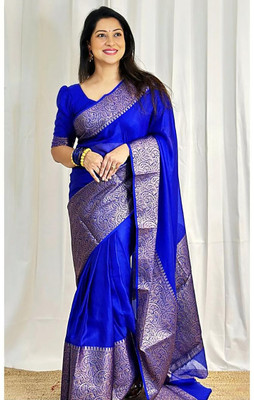 Anjaneya Sarees Self Design Banarasi Silk Blend Saree(Blue)