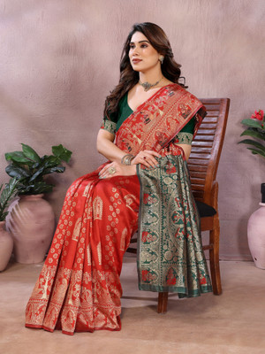Soor Panchi Embellished Banarasi Cotton Silk Saree(Red)