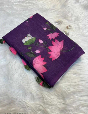 karkar Digital Print Banarasi Cotton Linen Saree(Purple)