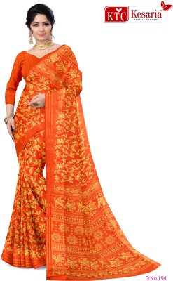 Kesaria Textile Company Floral Print, Striped Bollywood Cotton Silk Saree(Orange)