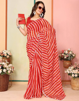 Satrani Printed, Embellished Leheria Chiffon, Georgette Saree(White, Orange)