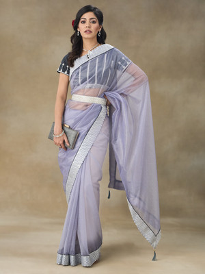 FABMORA Embroidered Bollywood Net Saree(Purple)