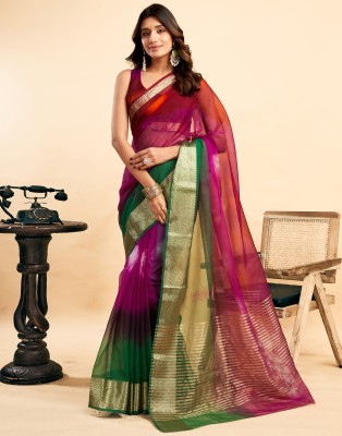 Samah Embellished, Striped, Woven Banarasi Organza Saree(Multicolor)