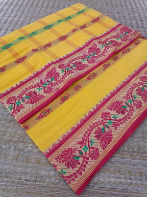 KhayaFashion Woven Tant Pure Cotton Saree(Yellow)