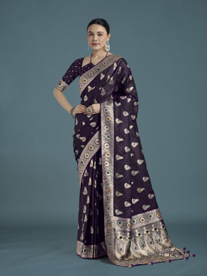 Monjolika Fashion Printed Banarasi Satin Saree(Purple)