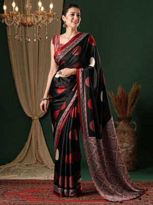 ANOUK Printed Daily Wear Pure Cotton Saree(Black)