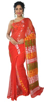 Sarika Woven Jamdani Pure Cotton Saree(Red)