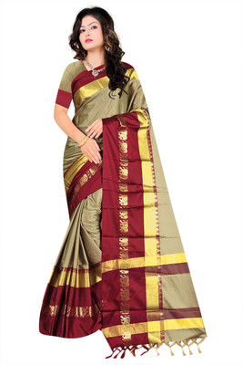 DEEP KIRAN FABRICS Temple Border, Woven, Color Block Assam Silk Cotton Silk Saree(Beige)