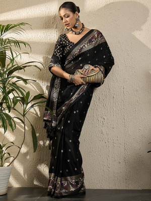 all about you Printed Pochampally Georgette Saree(Black)