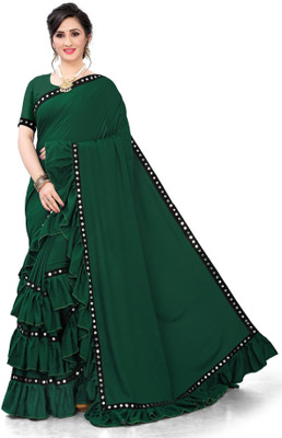 fentik.com Solid/Plain Bollywood Lycra Blend Saree(Dark Green)
