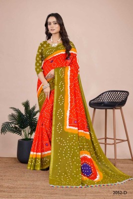 Sindharat Fashion Printed Bandhani Cotton Blend Saree(Red, Green)