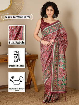 Sareemall Printed Patola Silk Blend Saree(Brown)
