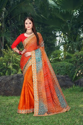 2SD gratitude Printed, Solid/Plain, Self Design Bandhani Chiffon Saree(Orange, Multicolor)