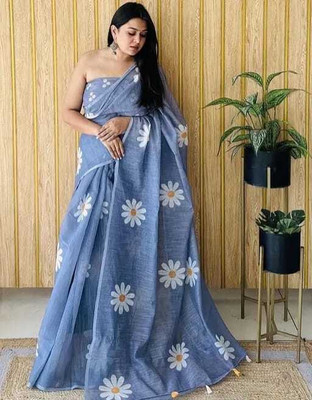 Quexle Floral Print Handloom Cotton Blend Saree(Light Blue)